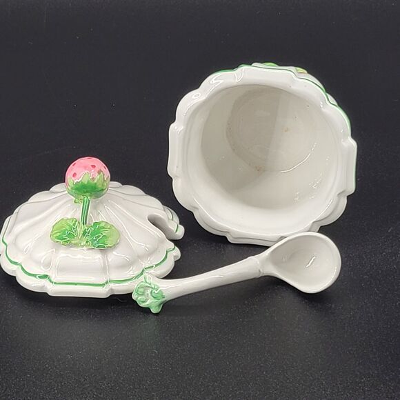 Vintage White Porcelain Cream Sugar Set Pink Strawberries Hand Painted Italy - Picture 6 of 11